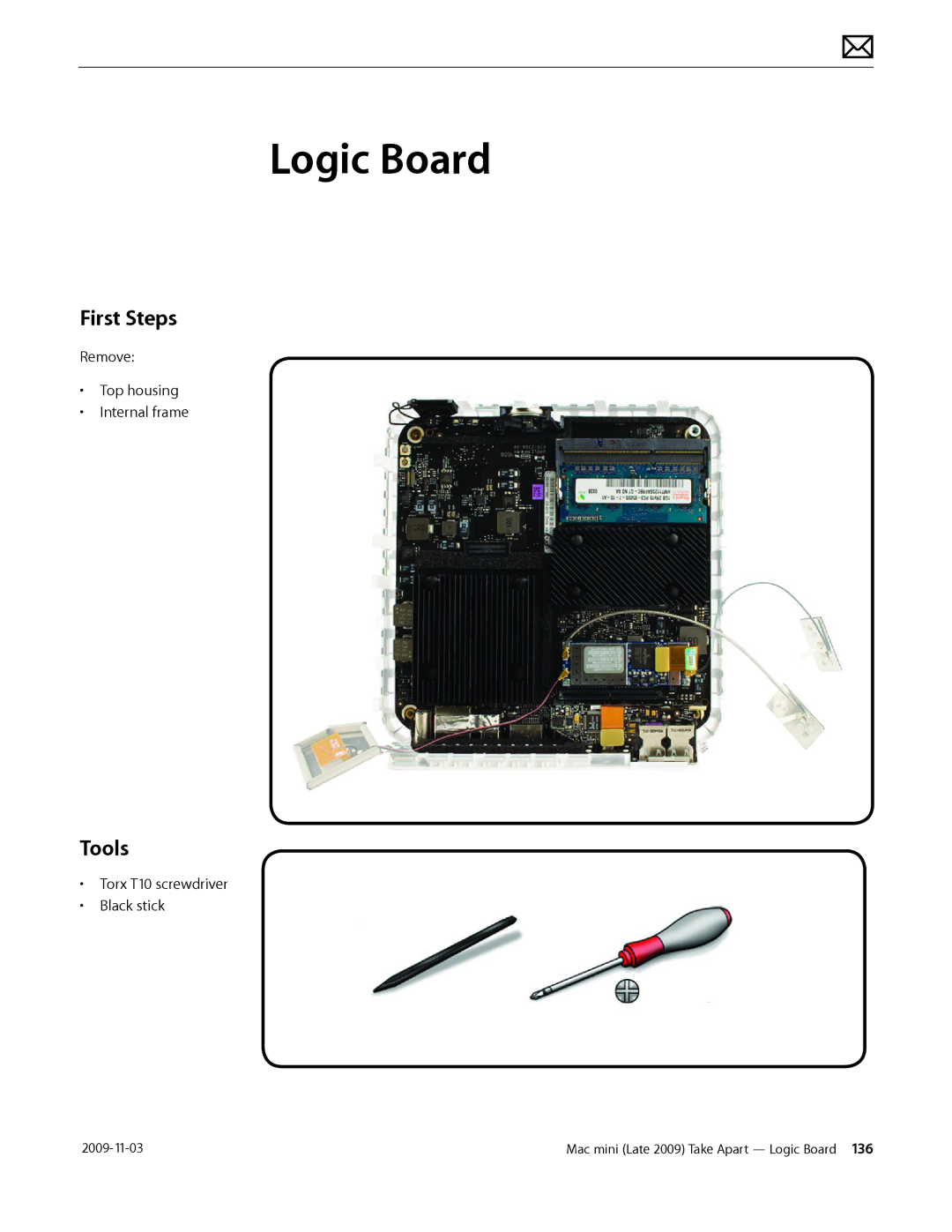 Apple LATE 2009 manual Logic Board, First Steps 