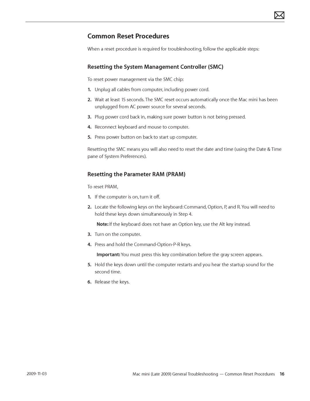 Apple LATE 2009 manual Common Reset Procedures, Resetting the System Management Controller SMC 