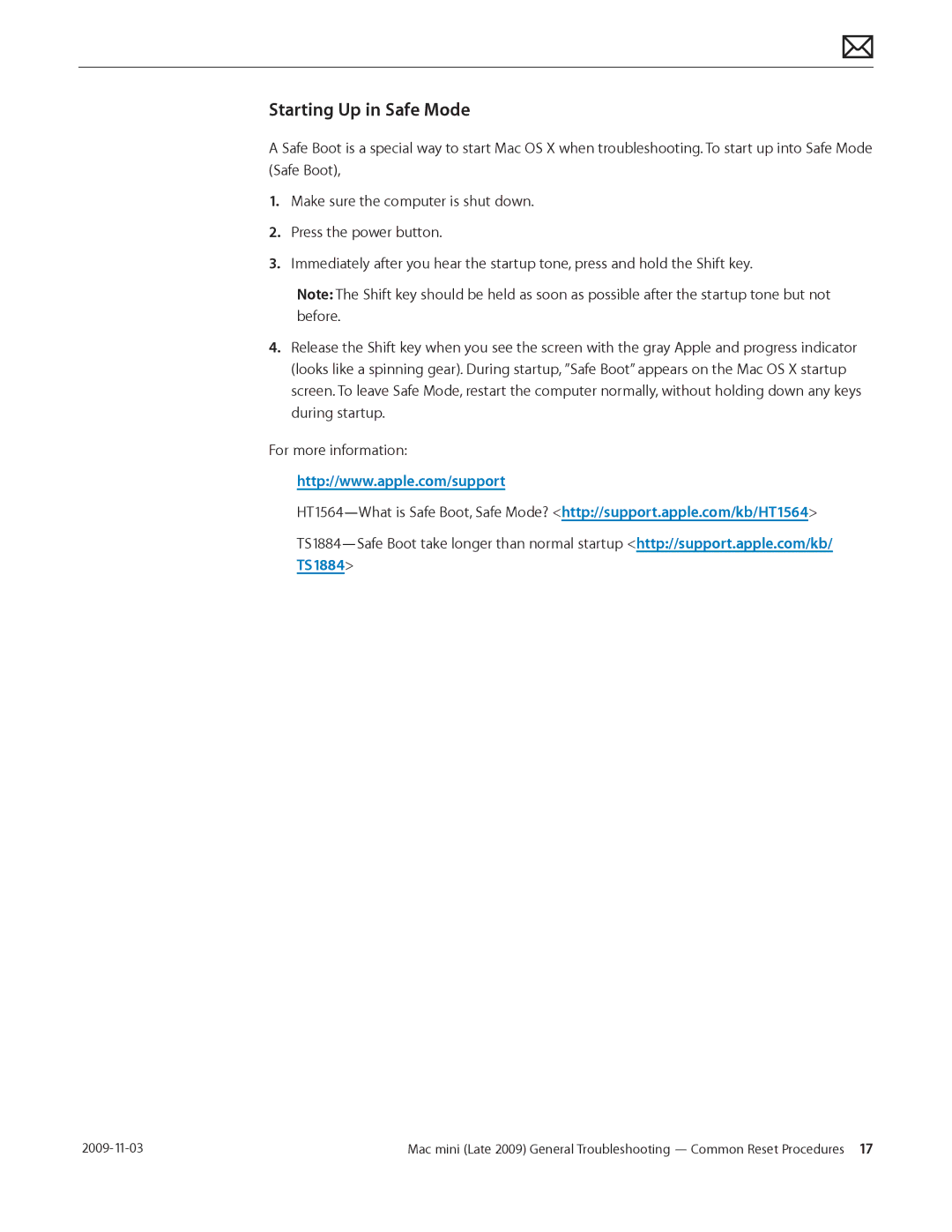 Apple LATE 2009 manual Starting Up in Safe Mode 