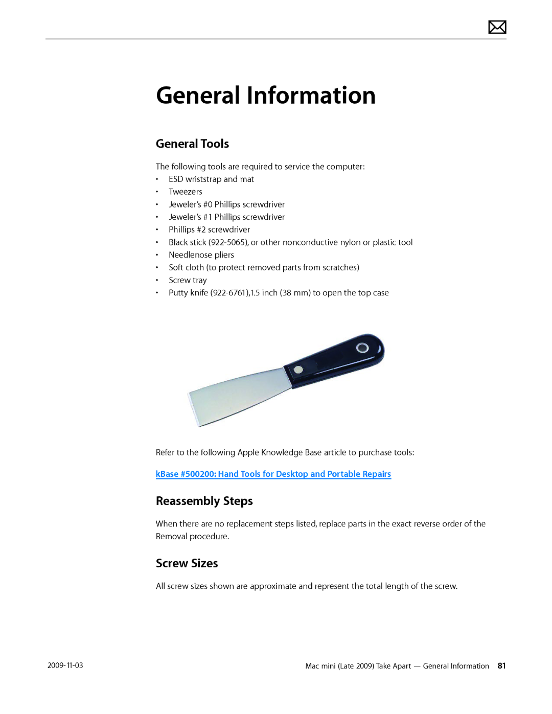 Apple LATE 2009 manual General Information, General Tools, Reassembly Steps, Screw Sizes 