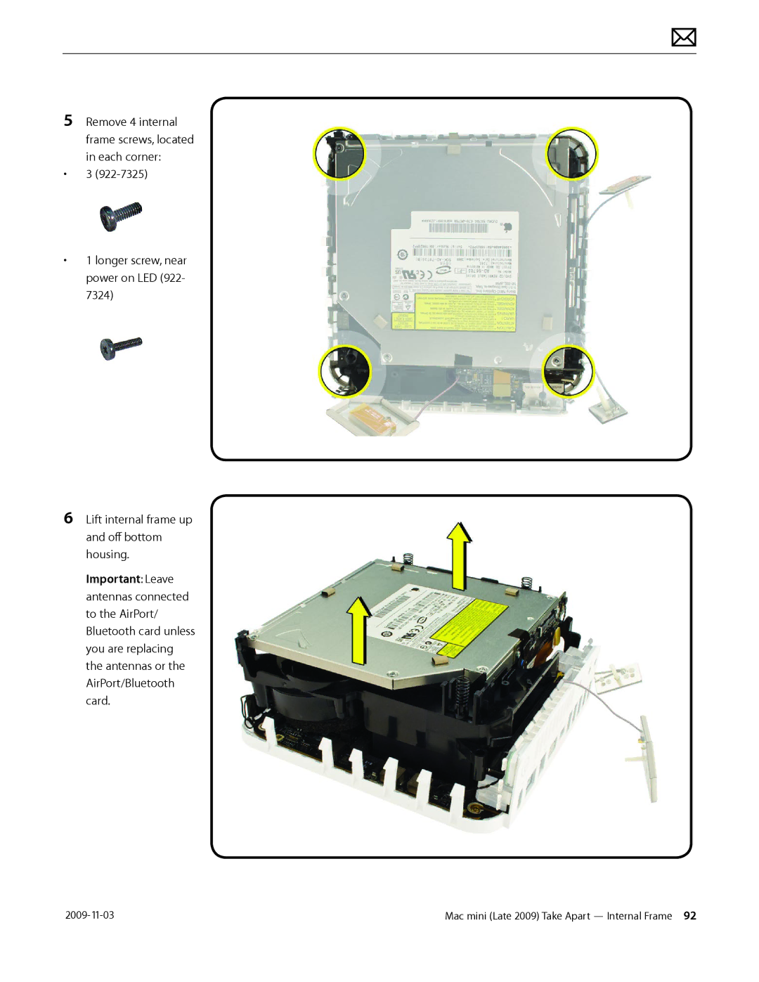 Apple LATE 2009 manual Remove 4 internal frame screws, located in each corner 