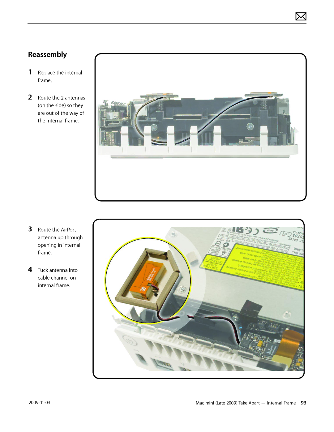 Apple LATE 2009 manual Replace the internal frame 