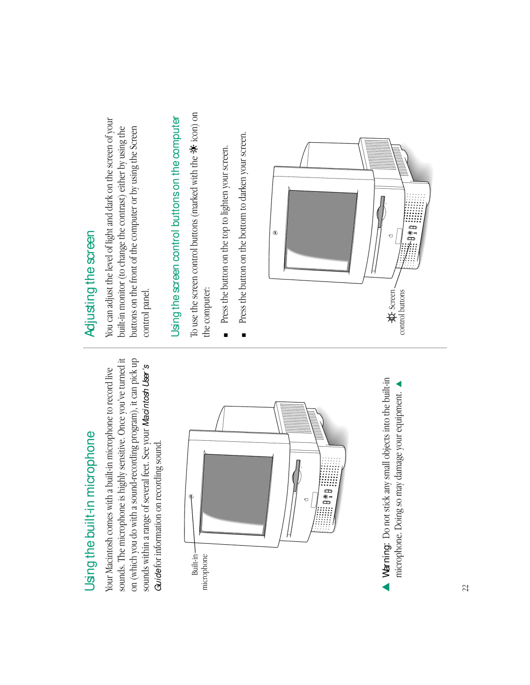 Apple LC 550 manual Using the built-in microphone, Adjusting the screen, Using the screen control buttons on the computer 