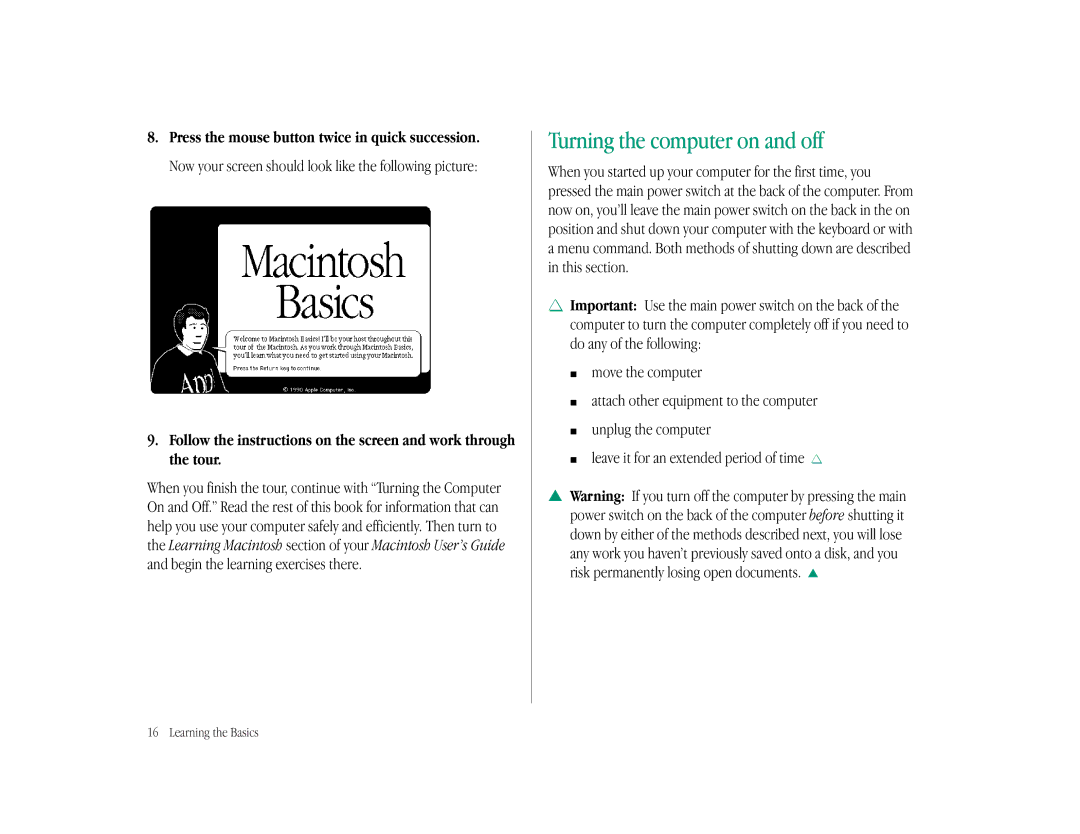 Apple LC 575 manual Turning the computer on and off 