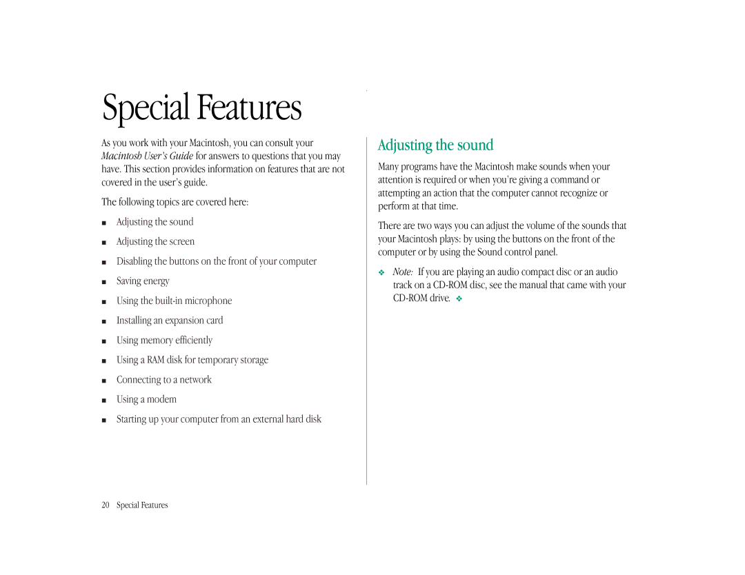 Apple LC 575 manual Special Features, Adjusting the sound 