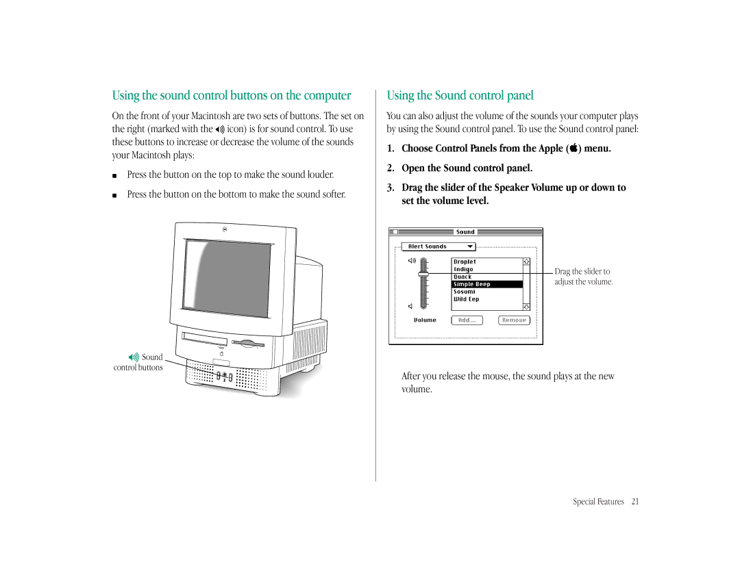 Apple LC 575 manual Using the Sound control panel, Sound control buttons 