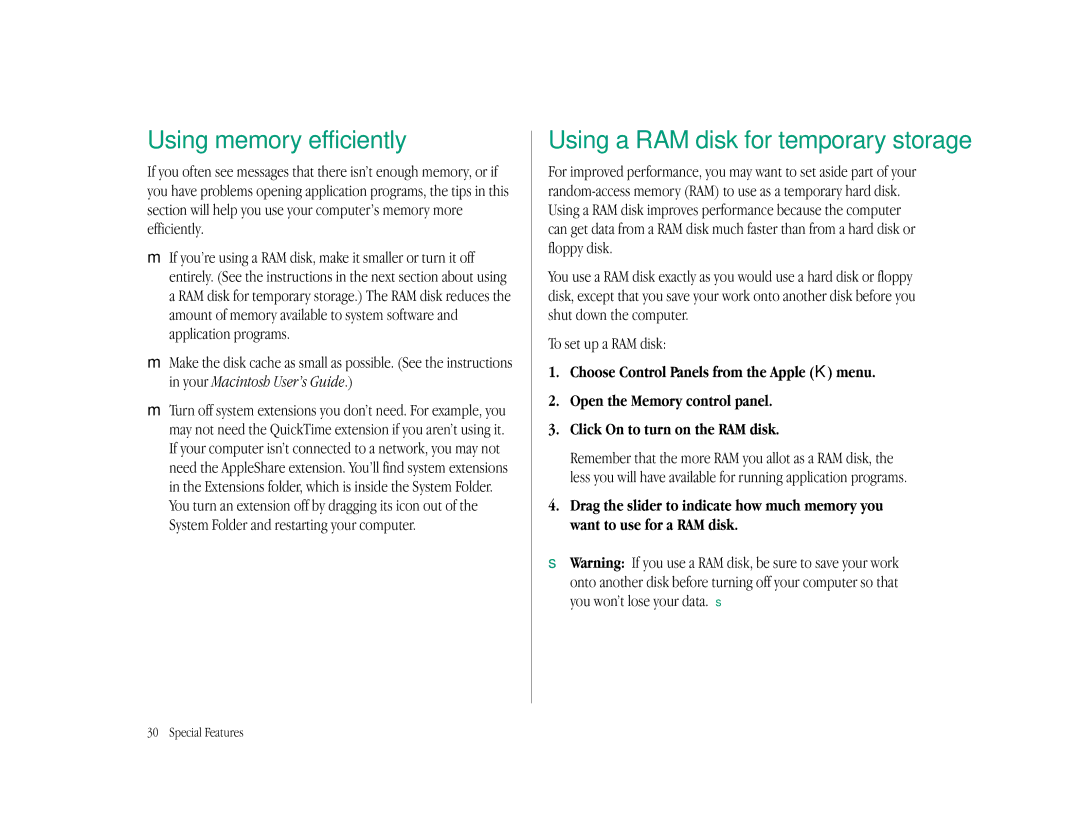 Apple LC 575 manual Using memory efficiently, Using a RAM disk for temporary storage 