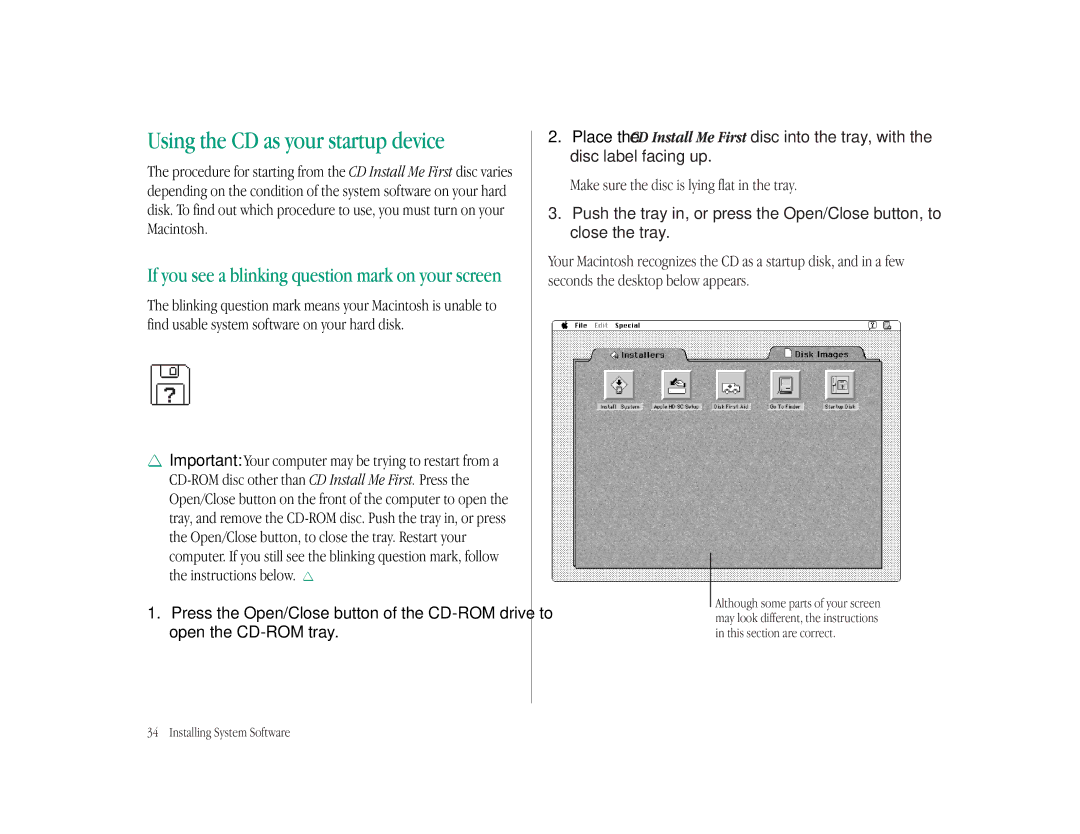 Apple LC 575 manual Using the CD as your startup device, If you see a blinking question mark on your screen 