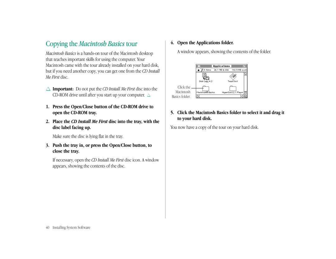 Apple LC 575 manual Copying the Macintosh Basics tour, Open the Applications folder 