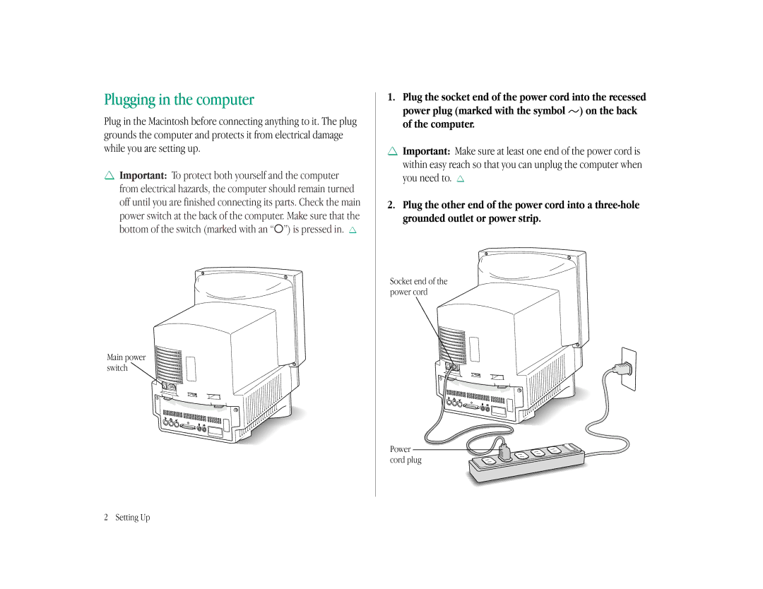 Apple LC 575 manual Plugging in the computer, Socket end of the power cord, Setting Up 