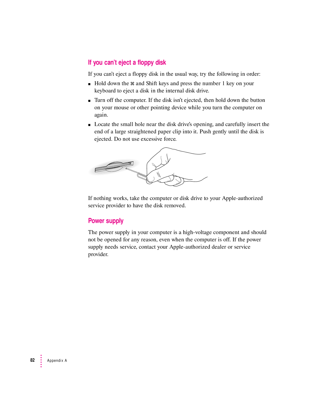 Apple LC 580 manual If you can’t eject a floppy disk, Power supply 