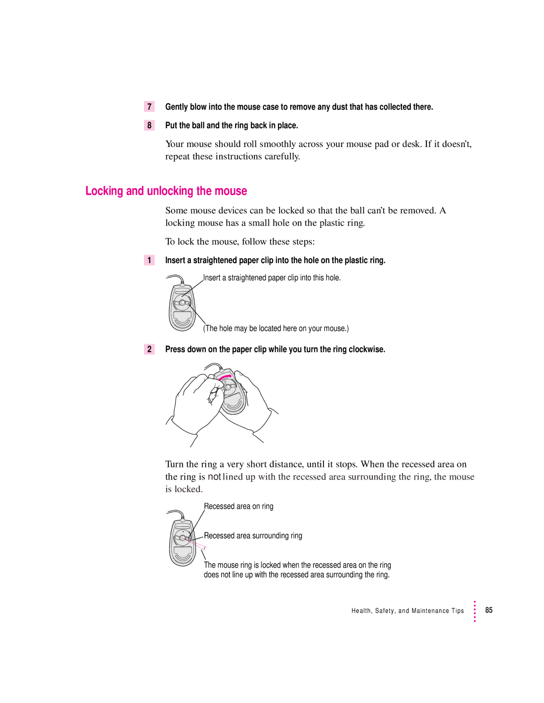 Apple LC 580 manual Locking and unlocking the mouse, Recessed area on ring Recessed area surrounding ring 