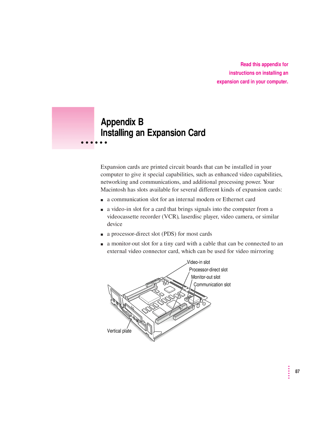 Apple LC 580 manual Appendix B Installing an Expansion Card 