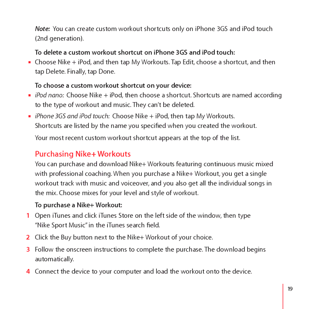 Apple LE034-4957-A manual Purchasing Nike+ Workouts, To choose a custom workout shortcut on your device 