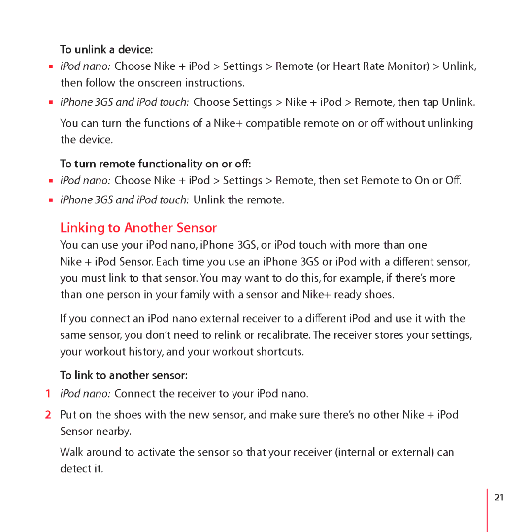 Apple LE034-4957-A manual Linking to Another Sensor, To unlink a device, To turn remote functionality on or off 