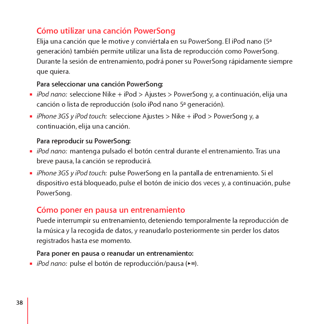 Apple LE034-4957-A Cómo utilizar una canción PowerSong, Cómo poner en pausa un entrenamiento, Para reproducir su PowerSong 