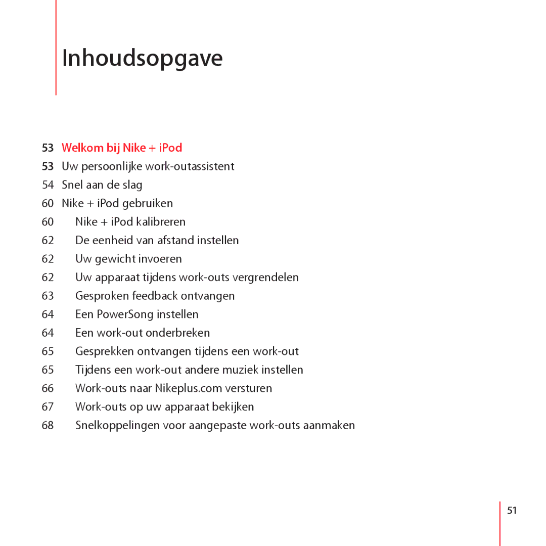 Apple LE034-4957-A manual Inhoudsopgave, Welkom bij Nike + iPod 