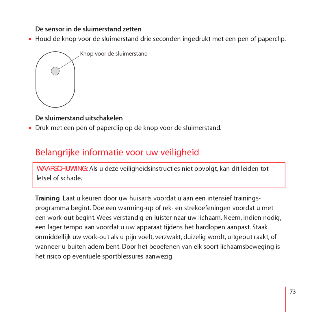 Apple LE034-4957-A manual Belangrijke informatie voor uw veiligheid, De sensor in de sluimerstand zetten 