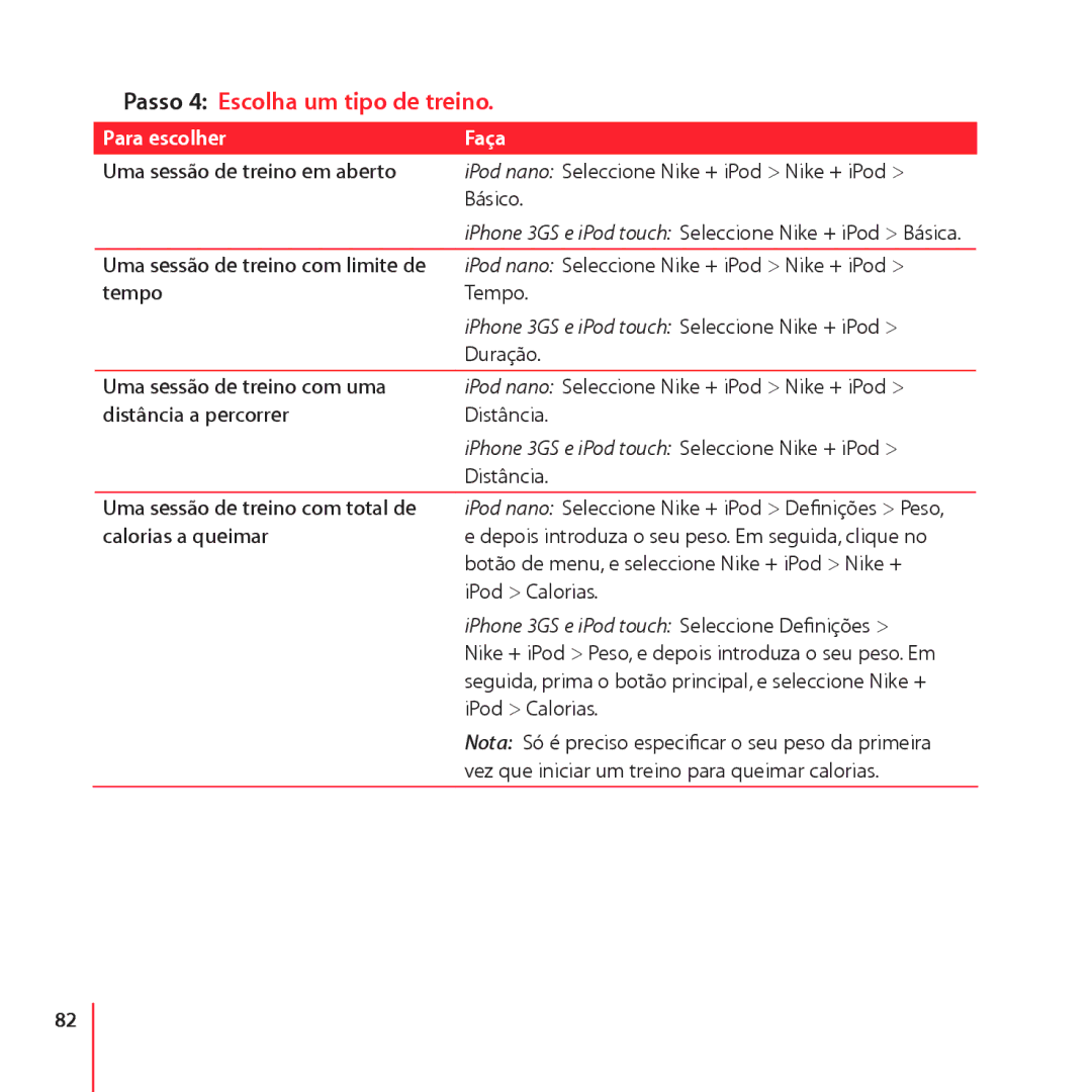 Apple LE034-4957-A manual Passo 4 Escolha um tipo de treino, Para escolher Faça 