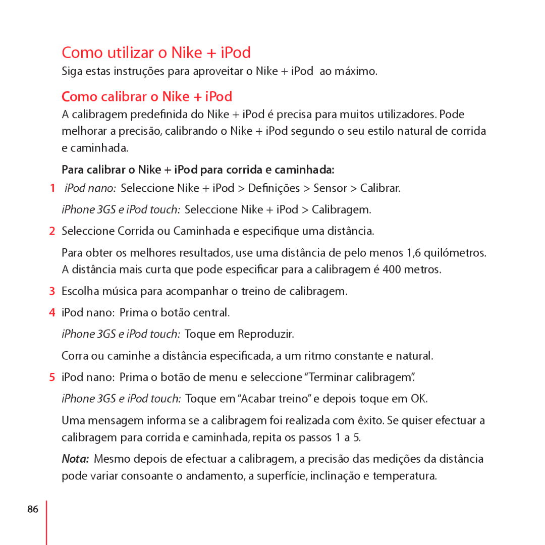 Apple LE034-4957-A manual Como utilizar o Nike + iPod, Como calibrar o Nike + iPod 