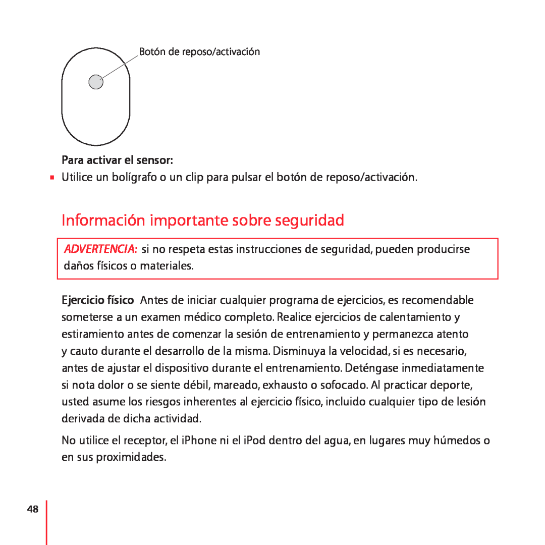 Apple LE034-4957-A manual Información importante sobre seguridad, Para activar el sensor 