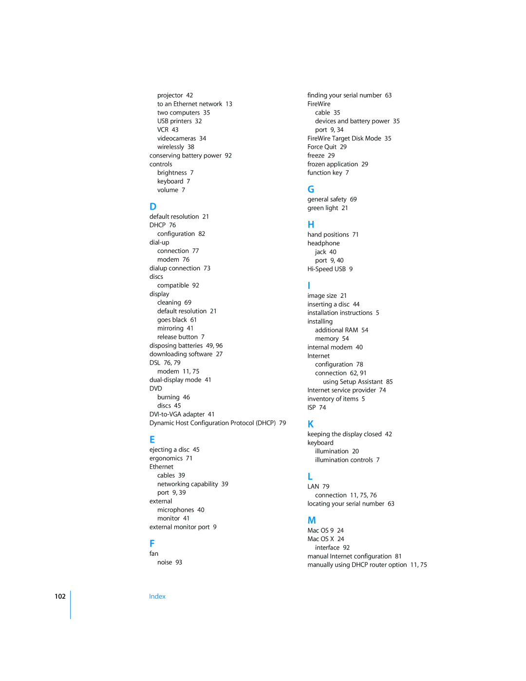 Apple LL2507 manual 102, Index 