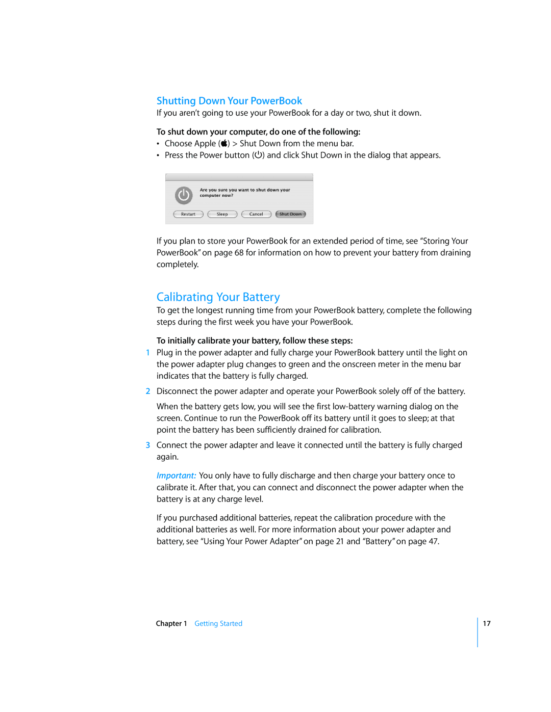 Apple LL2507 Calibrating Your Battery, Shutting Down Your PowerBook, To shut down your computer, do one of the following 