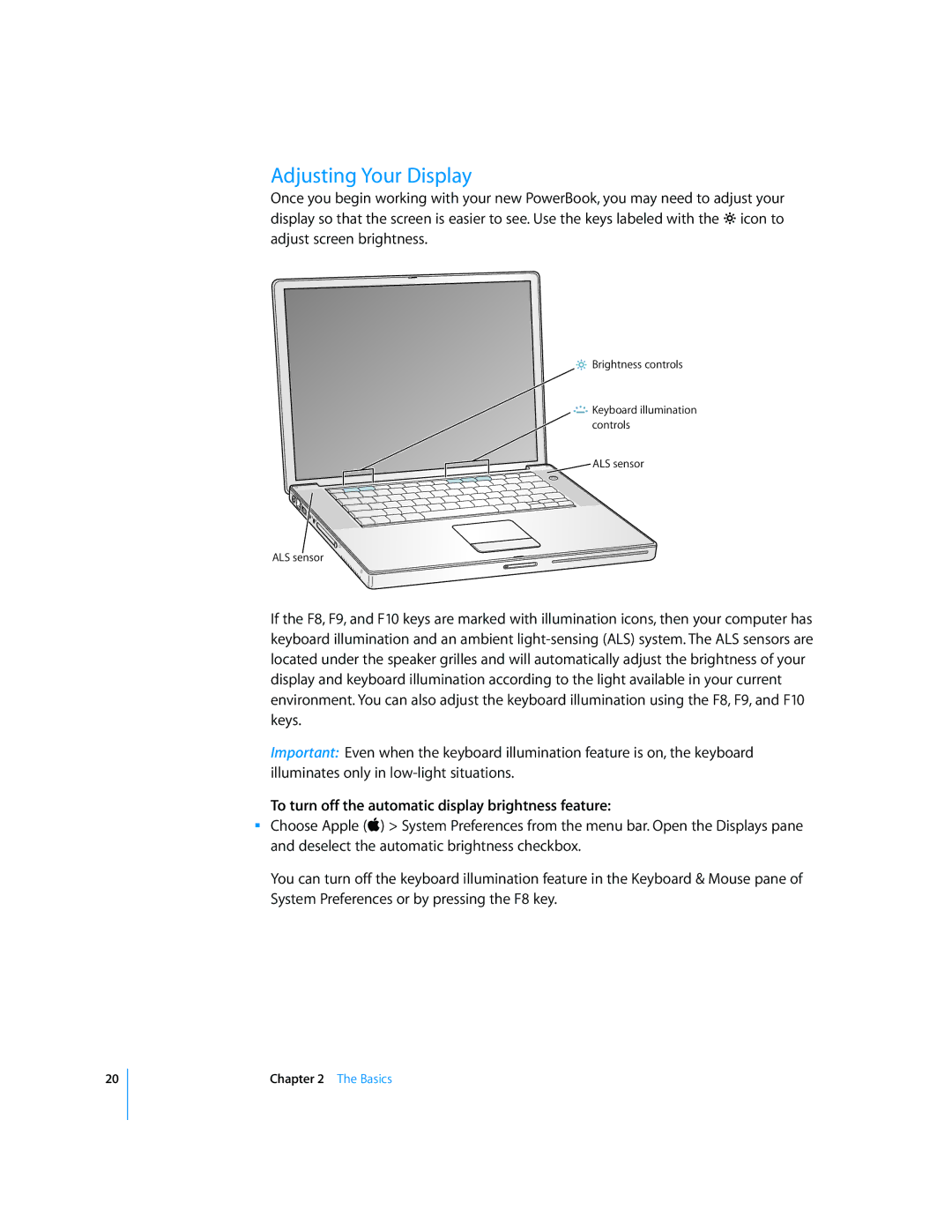 Apple LL2507 manual Adjusting Your Display, To turn off the automatic display brightness feature, Basics 