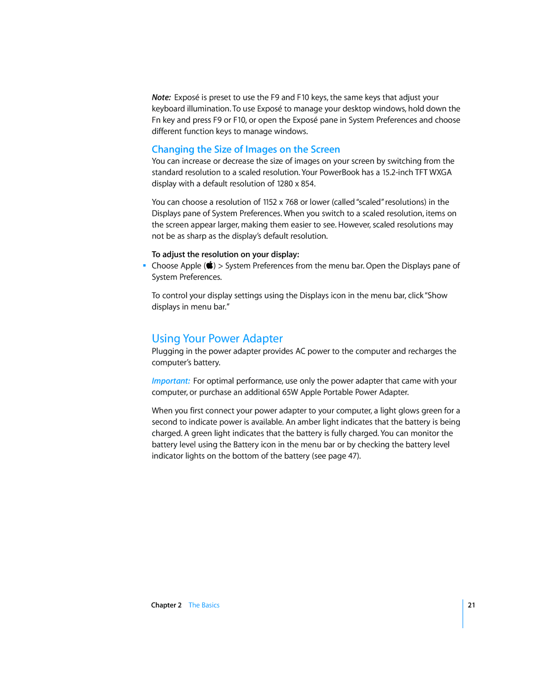 Apple LL2507 Using Your Power Adapter, Changing the Size of Images on the Screen, To adjust the resolution on your display 