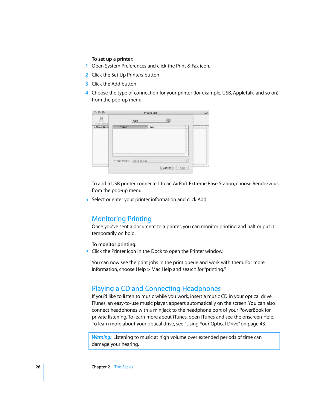 Apple LL2507 manual Monitoring Printing, Playing a CD and Connecting Headphones, To set up a printer, To monitor printing 