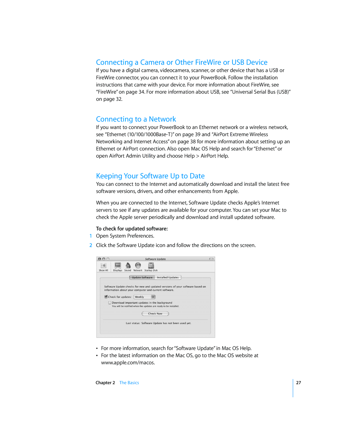 Apple LL2507 Connecting a Camera or Other FireWire or USB Device, Connecting to a Network, To check for updated software 