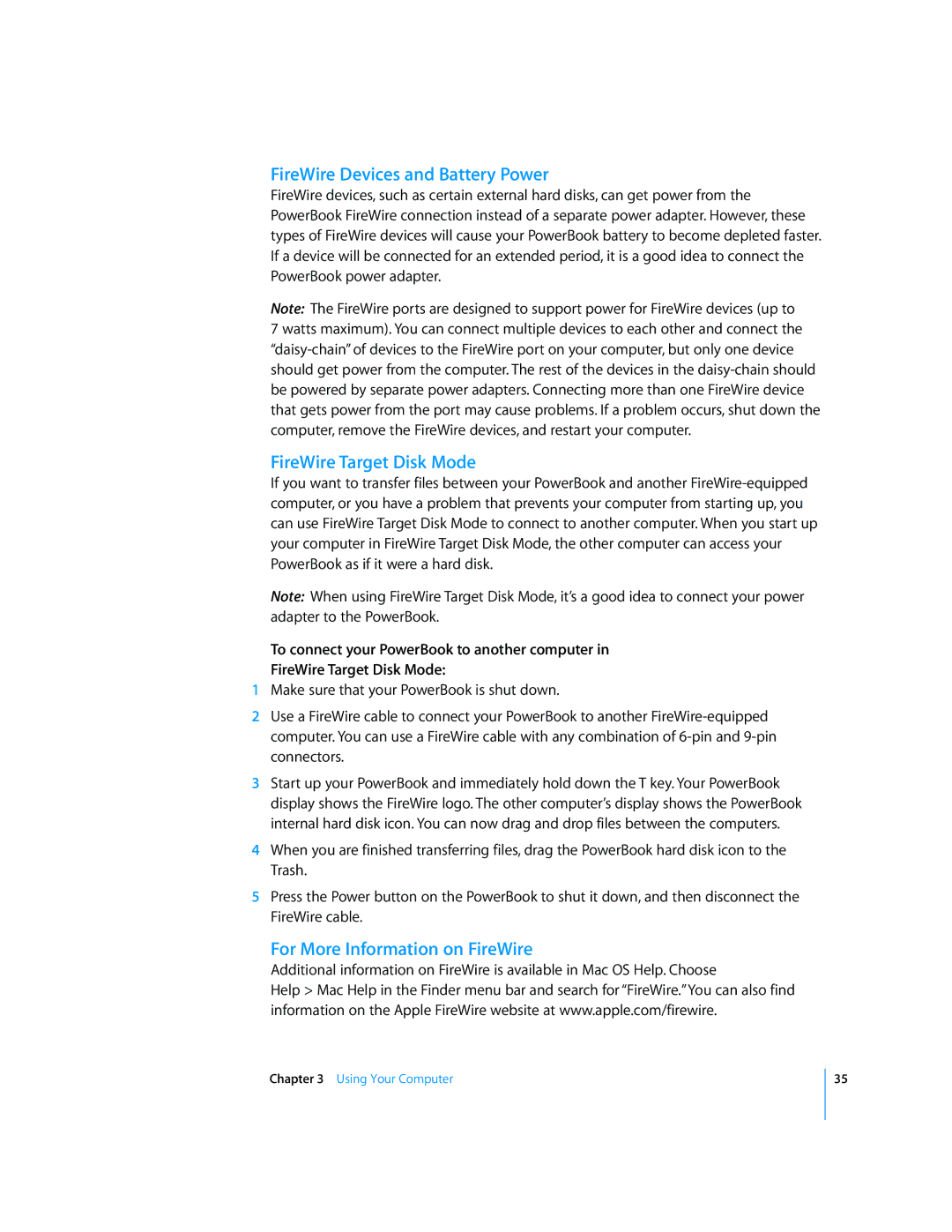 Apple LL2507 manual FireWire Devices and Battery Power, FireWire Target Disk Mode, For More Information on FireWire 