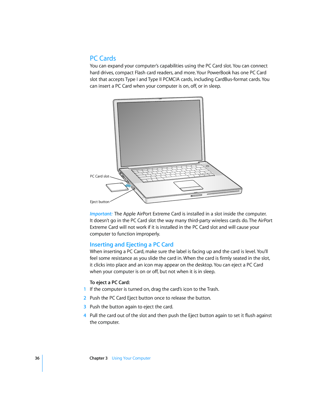 Apple LL2507 manual PC Cards, Inserting and Ejecting a PC Card, To eject a PC Card 