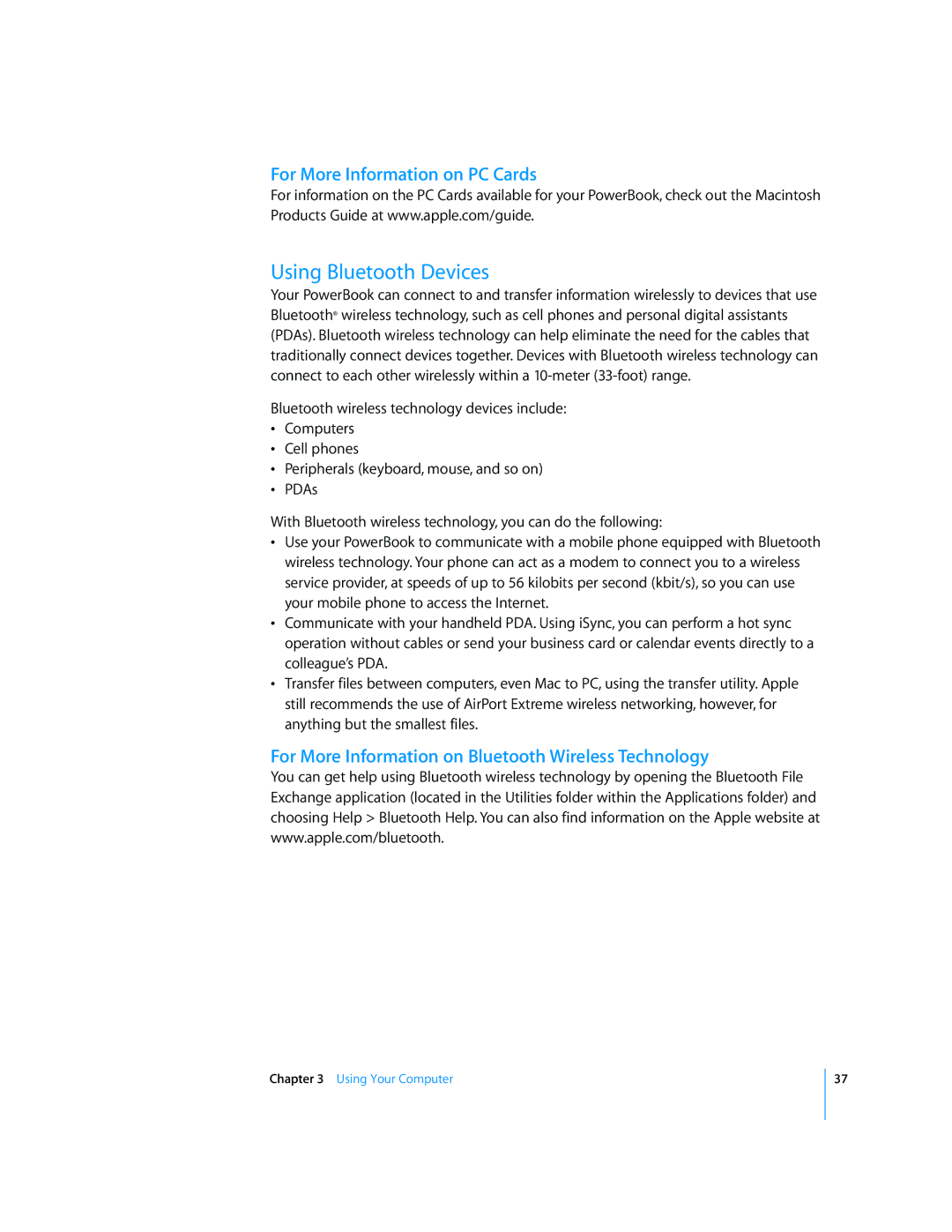 Apple LL2507 manual Using Bluetooth Devices, For More Information on PC Cards 