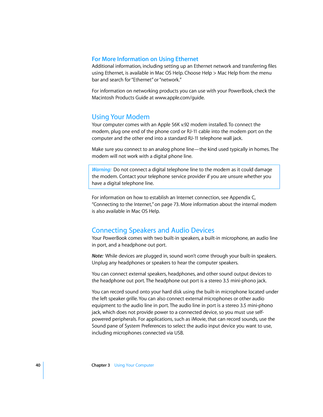 Apple LL2507 manual Using Your Modem, Connecting Speakers and Audio Devices, For More Information on Using Ethernet 