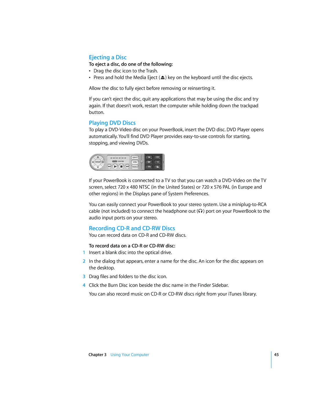 Apple LL2507 Ejecting a Disc, Playing DVD Discs, Recording CD-R and CD-RW Discs, To eject a disc, do one of the following 