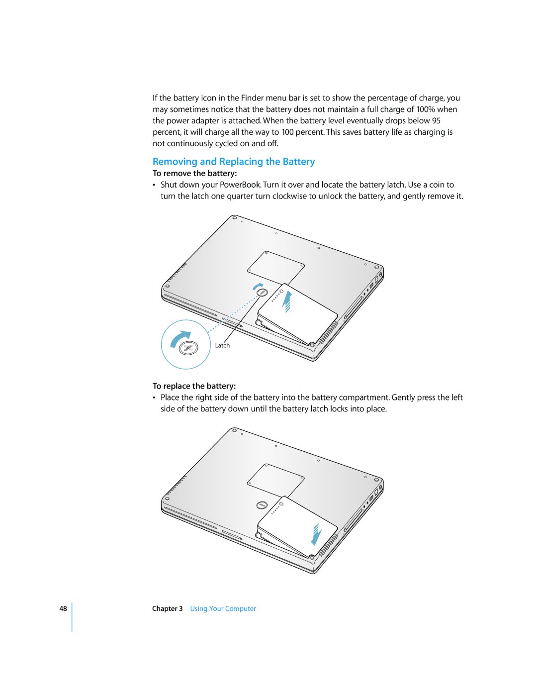 Apple LL2507 manual Removing and Replacing the Battery, To remove the battery, To replace the battery 