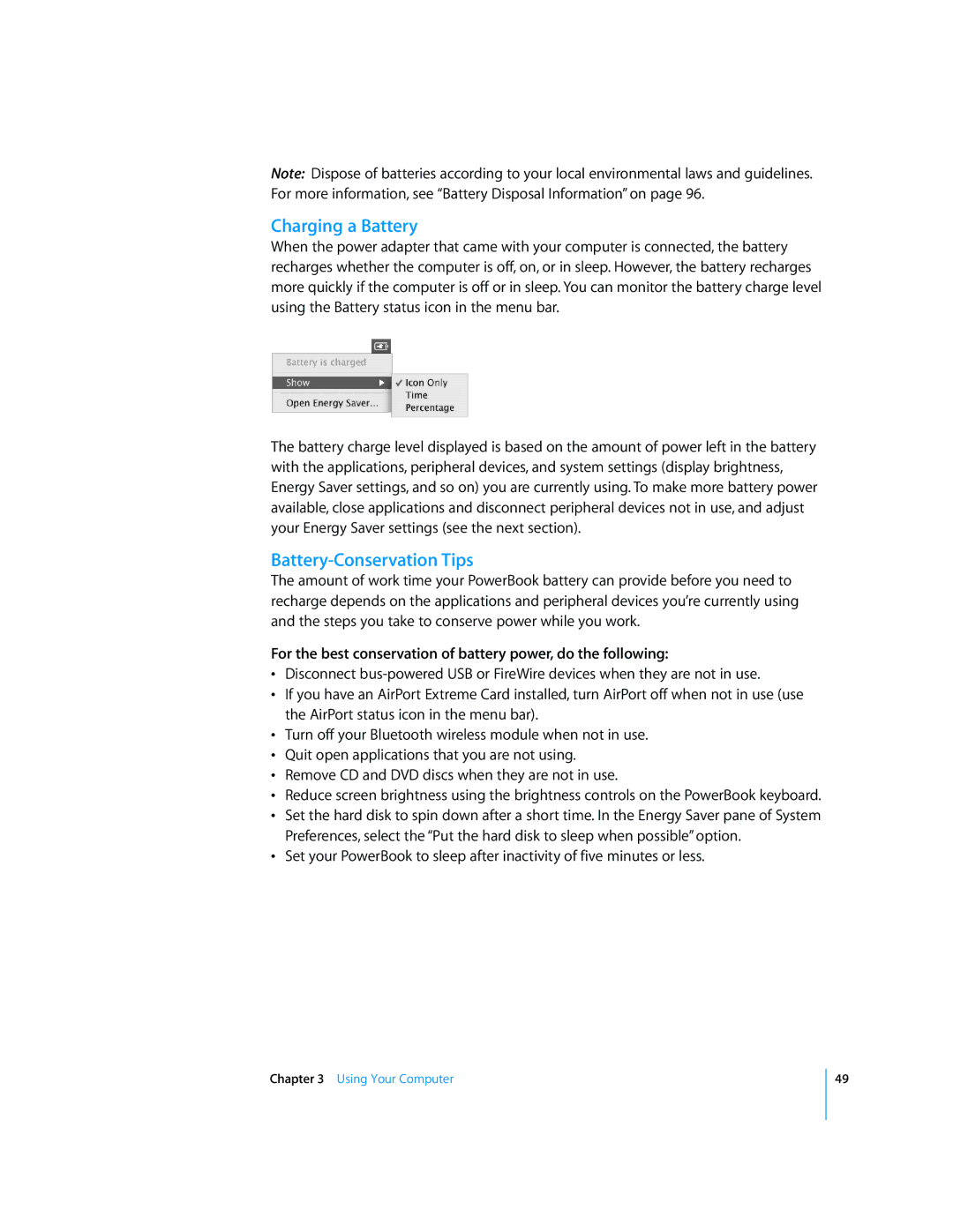 Apple LL2507 manual Charging a Battery, Battery-Conservation Tips 