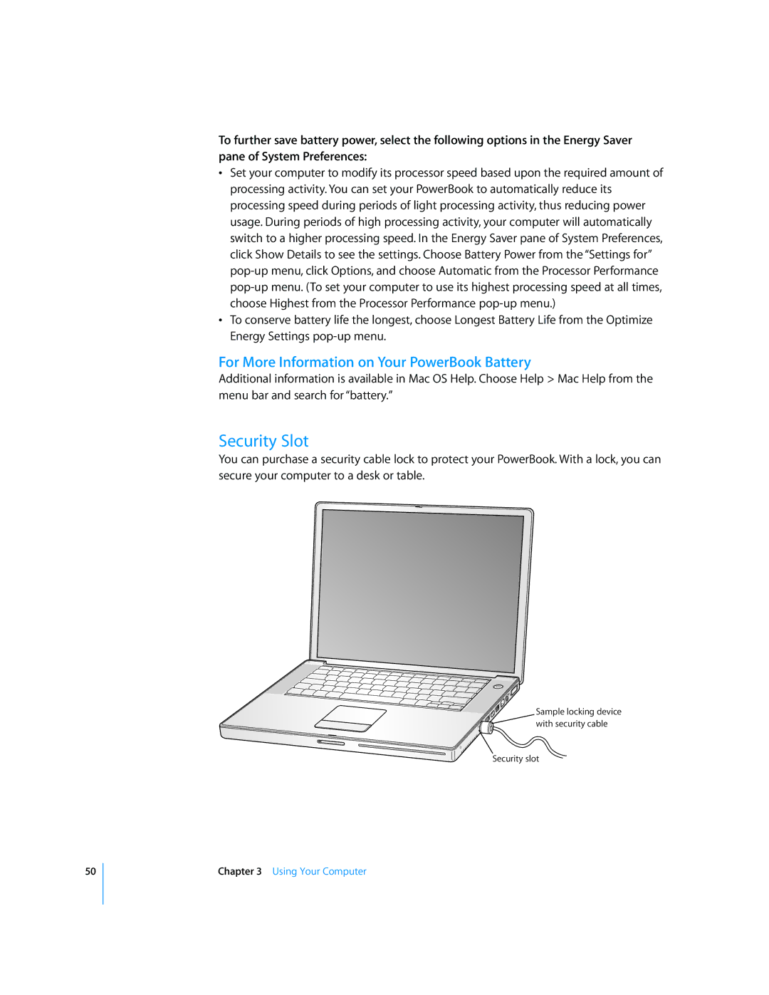 Apple LL2507 manual Security Slot, For More Information on Your PowerBook Battery 