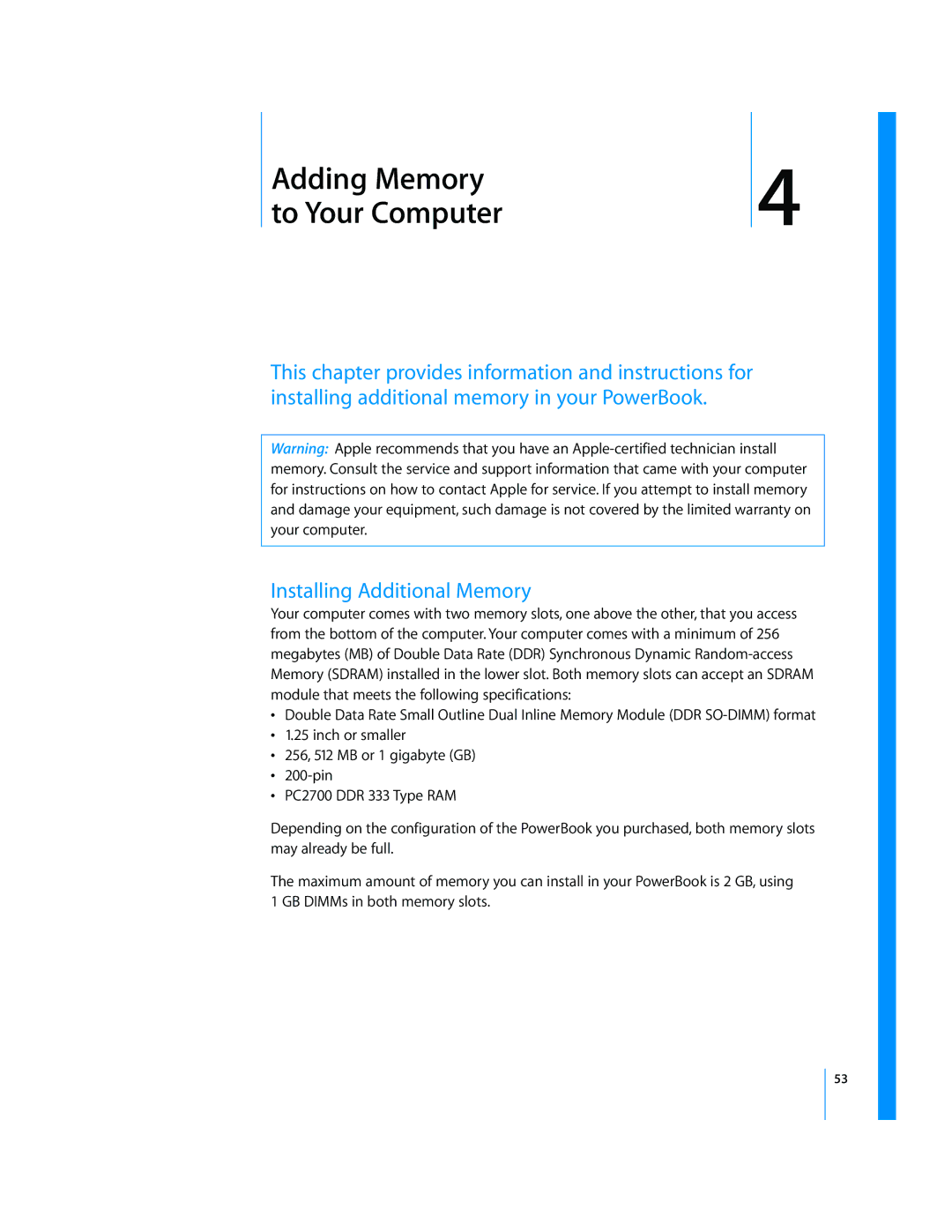 Apple LL2507 manual 4Adding Memory To Your Computer, Installing Additional Memory 