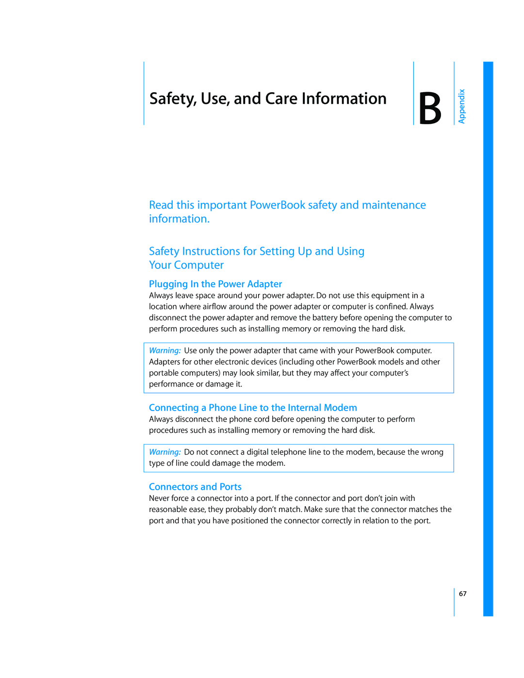 Apple LL2507 Plugging In the Power Adapter, Connecting a Phone Line to the Internal Modem, Connectors and Ports, Appendix 