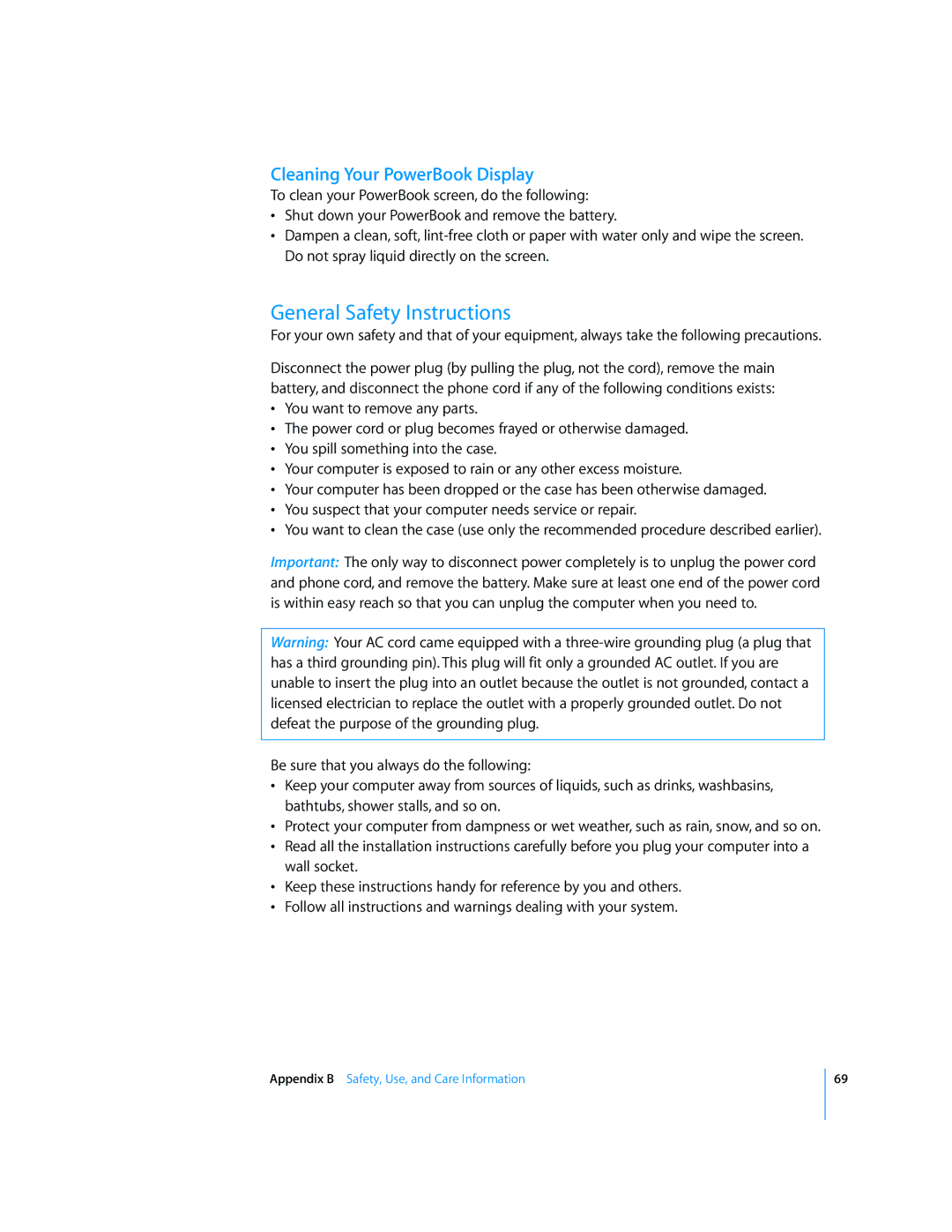 Apple LL2507 manual General Safety Instructions, Cleaning Your PowerBook Display 