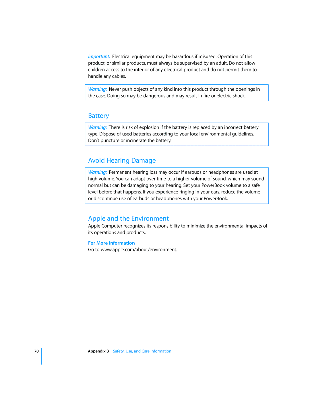 Apple LL2507 manual Battery Avoid Hearing Damage Apple and the Environment, For More Information 