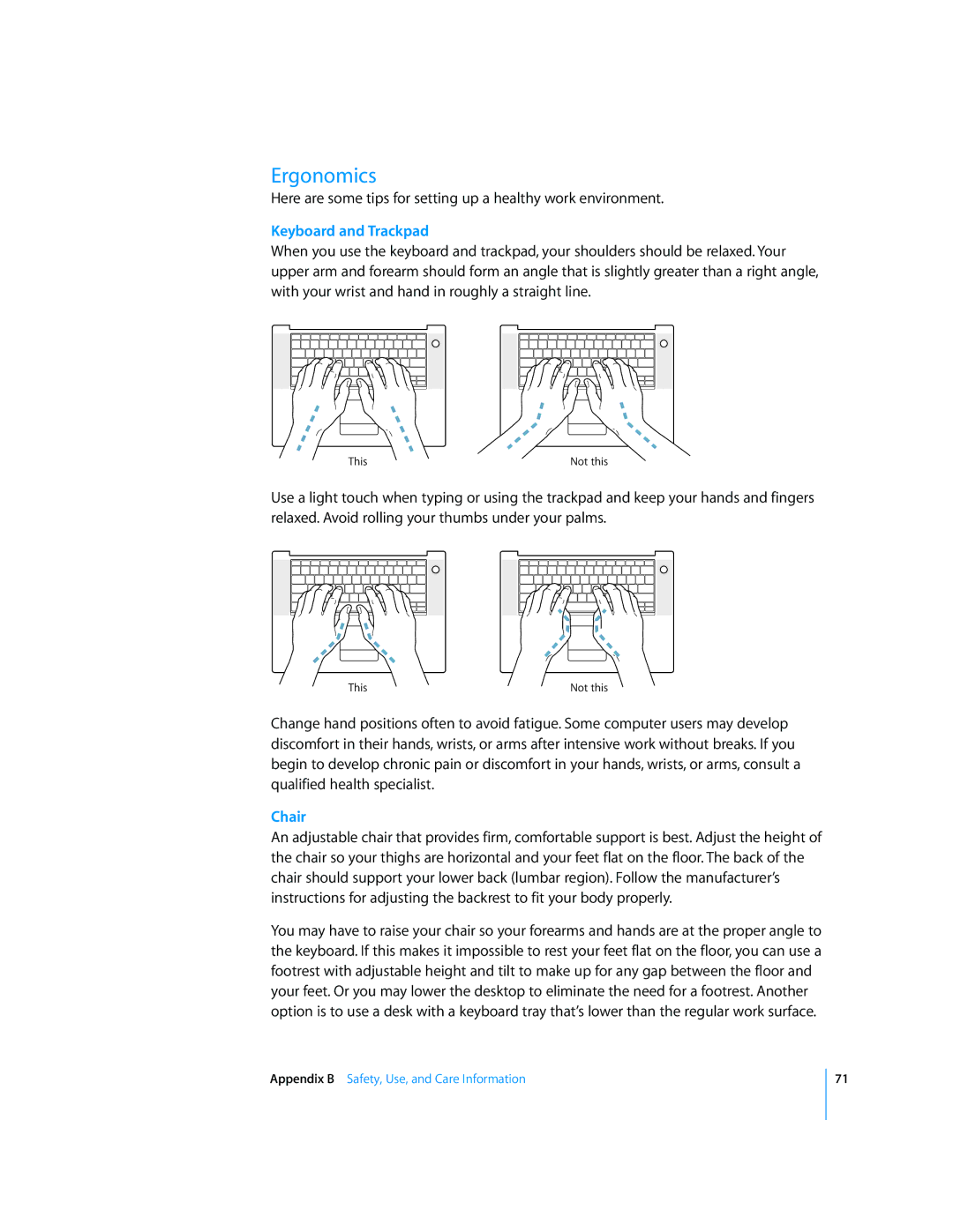 Apple LL2507 manual Ergonomics, Keyboard and Trackpad, Chair 