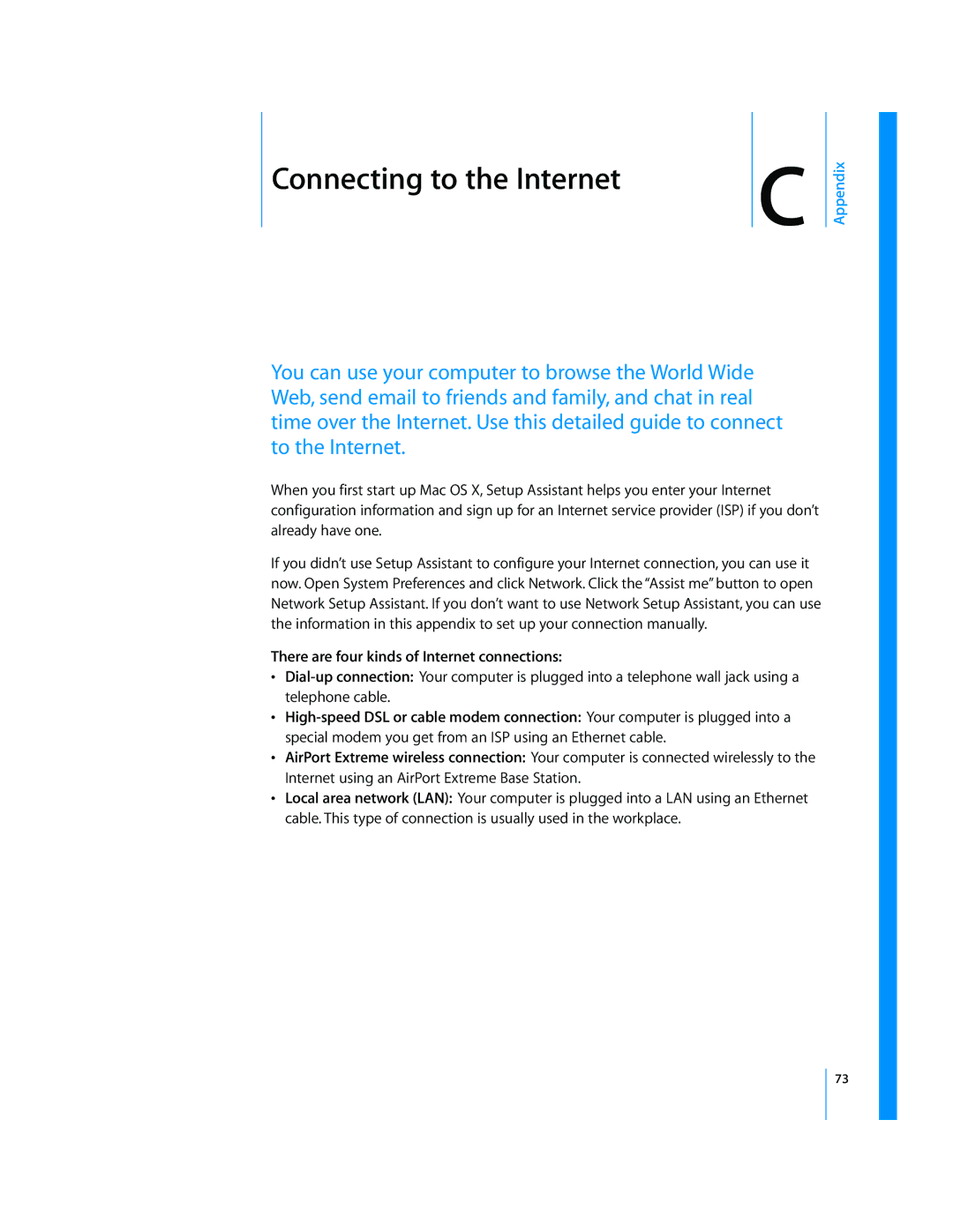 Apple LL2507 manual CConnecting to the Internet, There are four kinds of Internet connections 