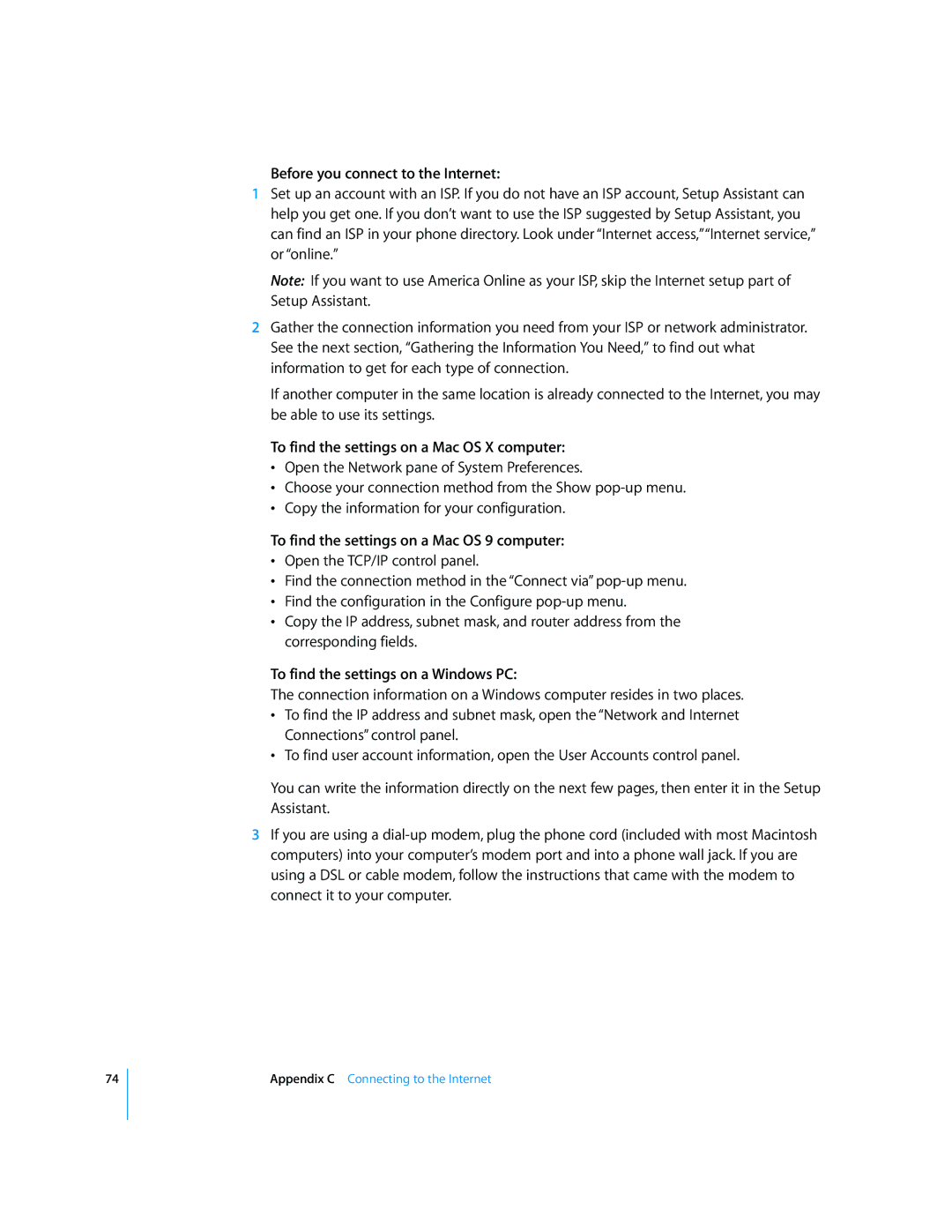Apple LL2507 manual Before you connect to the Internet, To find the settings on a Mac OS X computer 