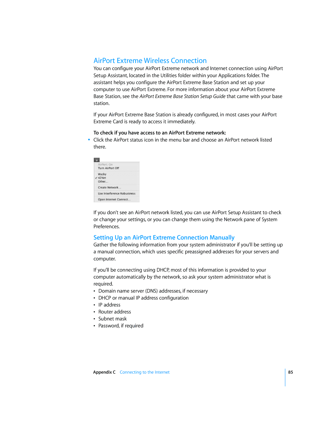 Apple LL2507 manual AirPort Extreme Wireless Connection, Setting Up an AirPort Extreme Connection Manually 