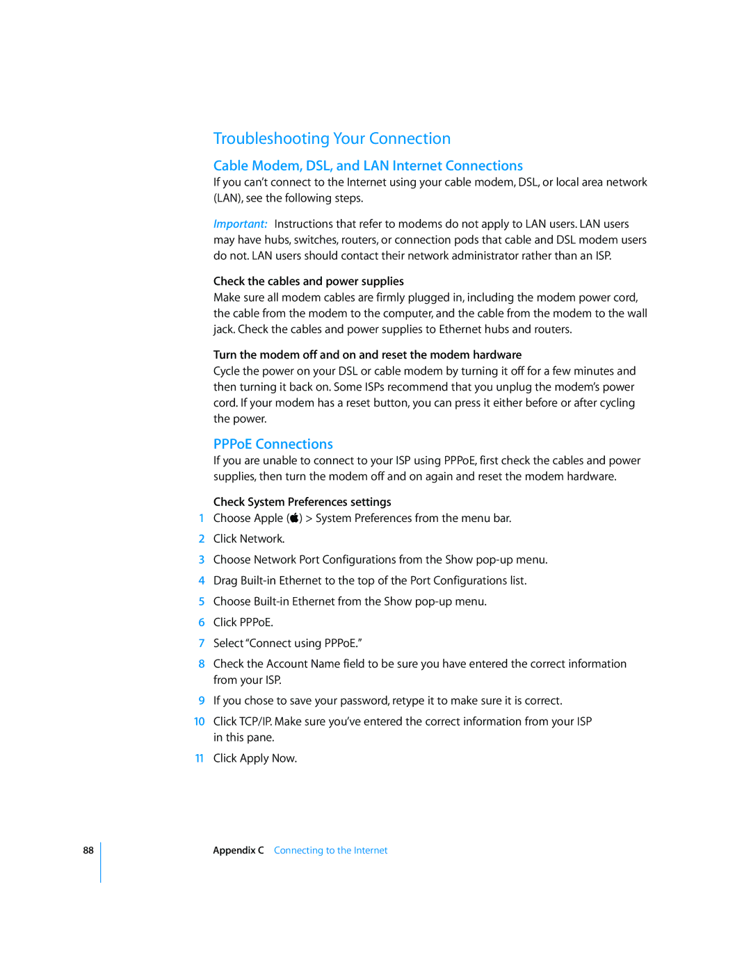 Apple LL2507 manual Troubleshooting Your Connection, Cable Modem, DSL, and LAN Internet Connections, PPPoE Connections 