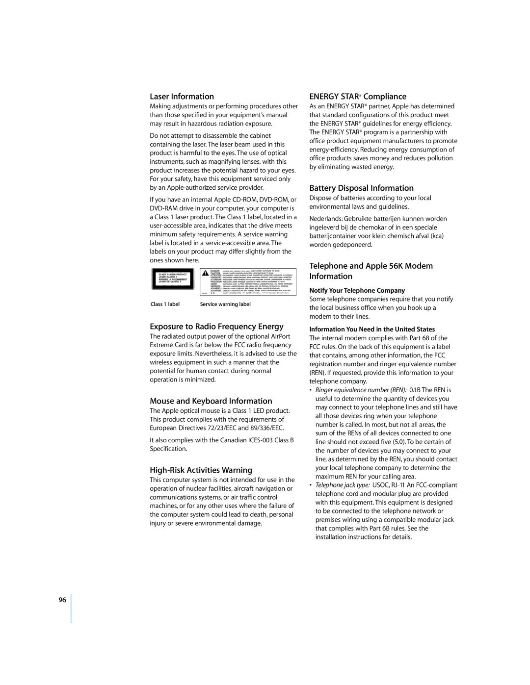 Apple LL2507 Laser Information, Exposure to Radio Frequency Energy, Mouse and Keyboard Information, Energy Star Compliance 