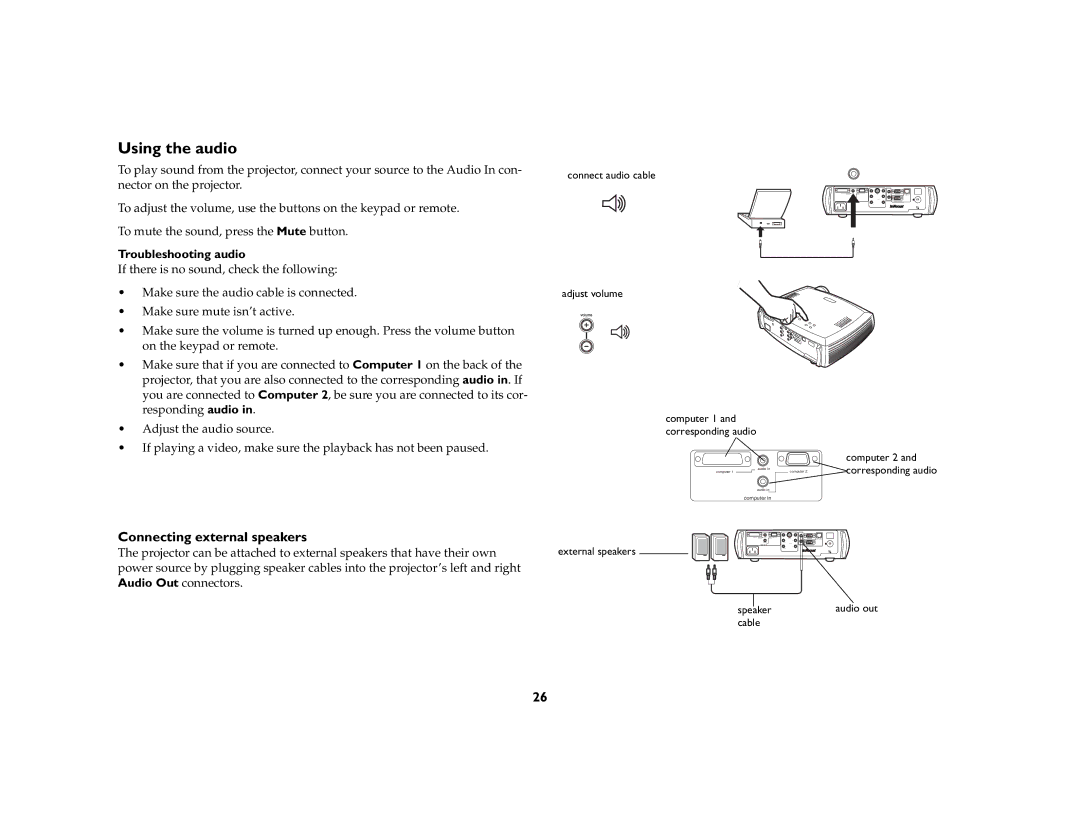 Apple LP 650 manual Using the audio, Connecting external speakers, Troubleshooting audio 